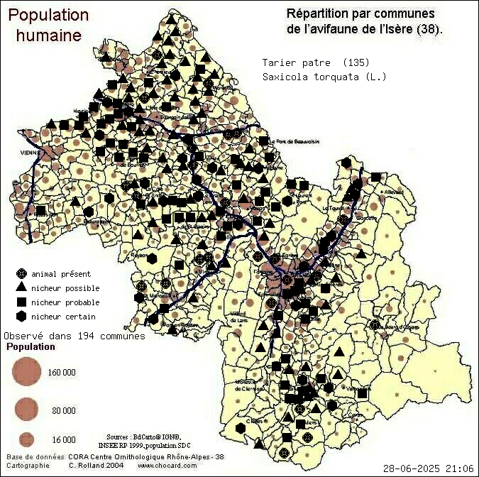 Tarier ptre (Saxicola torquata (L.)): carte de rpartition en Isre