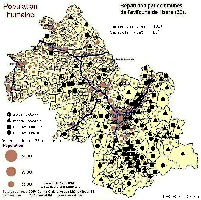 Tarier des prs (Saxicola rubetra (L.)): carte de rpartition en Isre