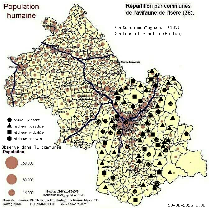 Venturon montagnard (Serinus citrinella (Pallas)): carte de rpartition en Isre