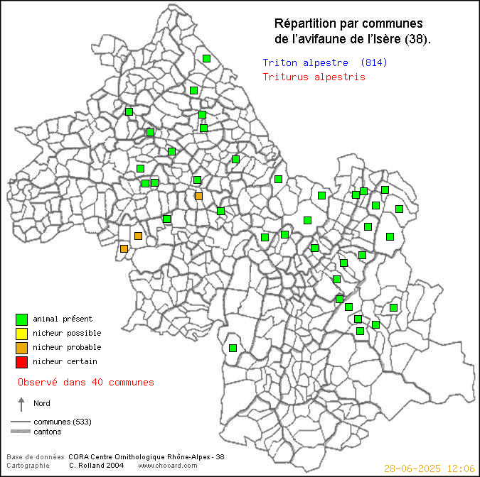 Carte de rpartition par communes en Isre d'une espce d'animal: Triton alpestre (Triturus alpestris) selon Communes et cantons