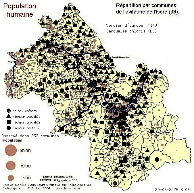 Verdier d Europe (Carduelis chloris (L.)): carte de rpartition en Isre