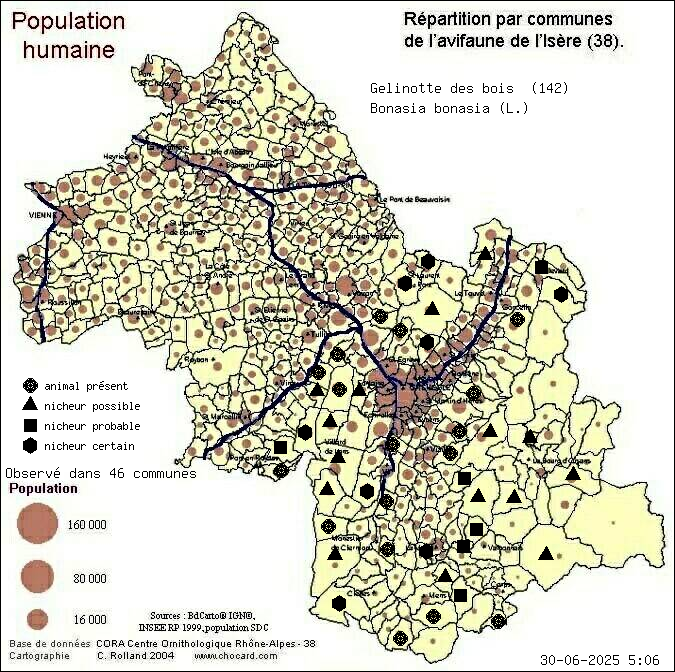 Glinotte des bois (Bonasia bonasia (L.)): carte de rpartition en Isre