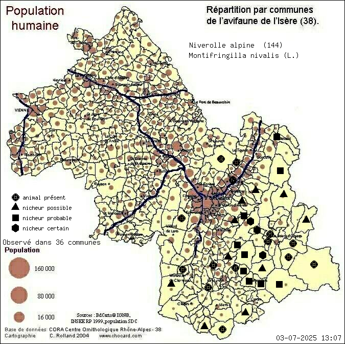 Carte de rpartition par communes en Isre d'une espce d'animal: Niverolle alpine (Montifringilla nivalis (L.)) selon Population humaine