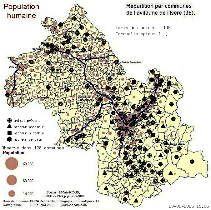 Tarin des aulnes (Carduelis spinus (L.)): carte de rpartition en Isre