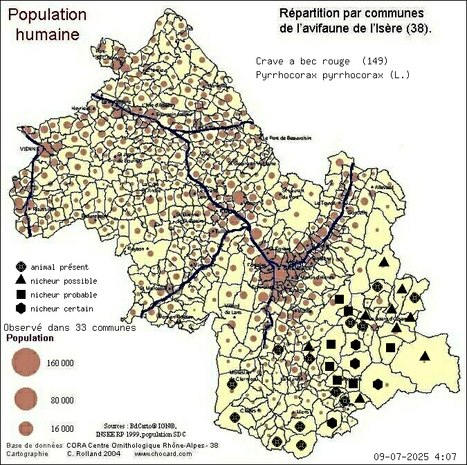 Crave  bec rouge (Pyrrhocorax pyrrhocorax (L.)): carte de rpartition en Isre
