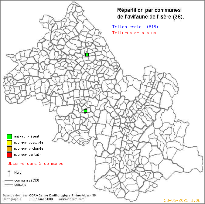 Carte de rpartition par communes en Isre d'une espce d'animal: Triton crt (Triturus cristatus) selon Communes et cantons