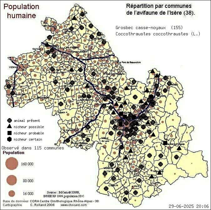 Grosbec casse-noyaux (Coccothraustes coccothraustes (L.)): carte de rpartition en Isre