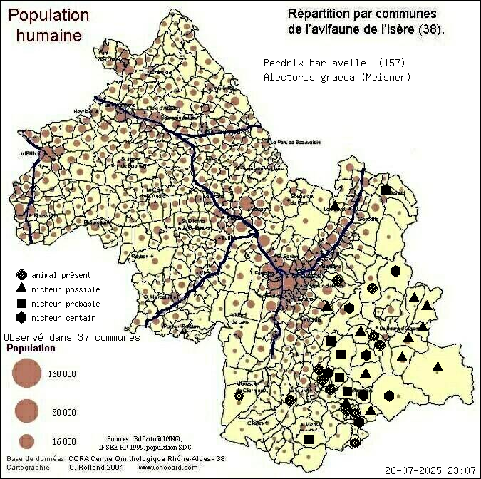 Carte de rpartition par communes en Isre d'une espce d'animal: Perdrix bartavelle (Alectoris graeca (Meisner)) selon Population humaine