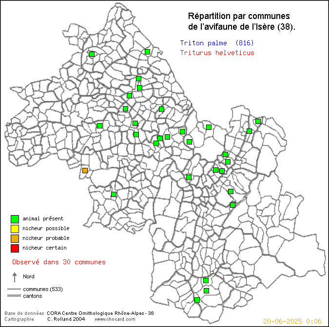 Carte de rpartition par communes en Isre d'une espce d'animal: Triton palm (Triturus helveticus) selon Communes et cantons