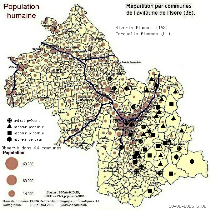 Sizerin flamm (Carduelis flammea (L.)): carte de rpartition en Isre