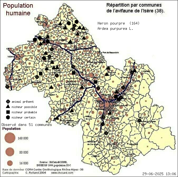 Hron pourpr (Ardea purpurea L.): carte de rpartition en Isre