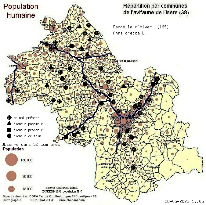 Sarcelle d hiver (Anas crecca L.): carte de rpartition en Isre