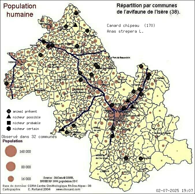 Canard chipeau (Anas strepera L.): carte de rpartition en Isre