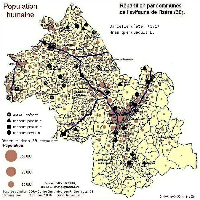 Sarcelle d t (Anas querquedula L.): carte de rpartition en Isre