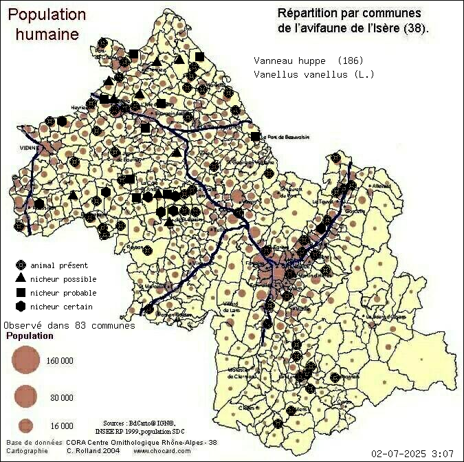 Vanneau hupp (Vanellus vanellus (L.)): carte de rpartition en Isre