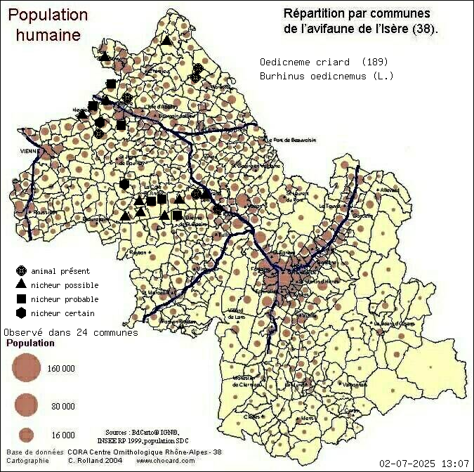 Carte de rpartition par communes en Isre d'une espce d'animal: Oedicnme criard (Burhinus oedicnemus (L.)) selon Population humaine
