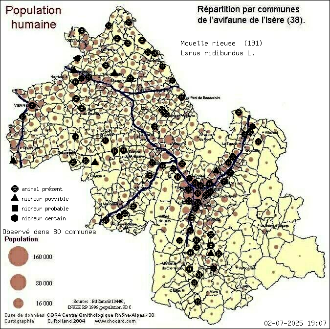 Mouette rieuse (Larus ridibundus L.): carte de rpartition en Isre