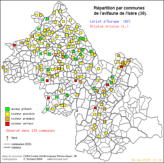 Carte de rpartition par communes en Isre d'une espce d'oiseau: Loriot d Europe (Oriolus oriolus (L.)) selon Communes et cantons