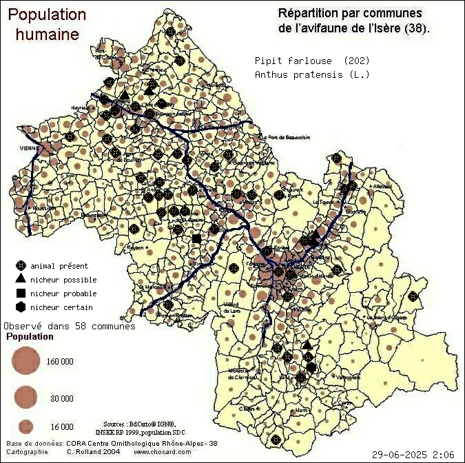 Pipit farlouse (Anthus pratensis (L.)): carte de rpartition en Isre