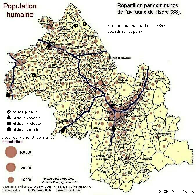 Carte de rpartition par communes en Isre d'une espce d'animal: Bcasseau variable (Calidris alpina) selon Population humaine