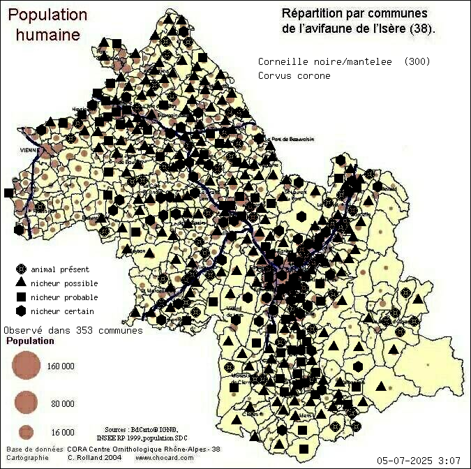 Corneille noire/mantele (Corvus corone): carte de rpartition en Isre