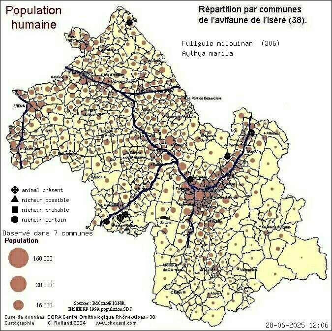 Carte de rpartition par communes en Isre d'une espce d'animal: Fuligule milouinan (Aythya marila) selon Population humaine