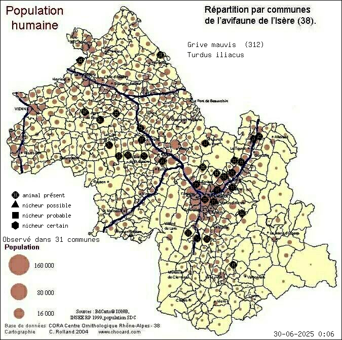Grive mauvis (Turdus iliacus): carte de rpartition en Isre