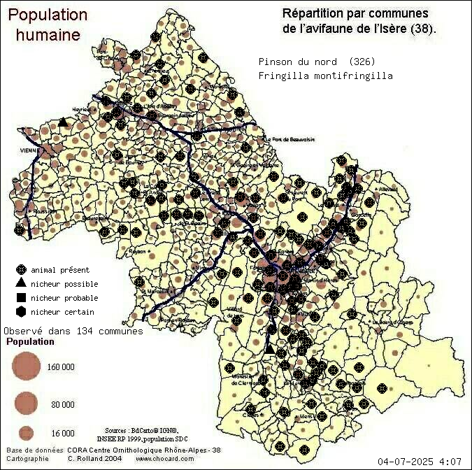 Pinson du nord (Fringilla montifringilla): carte de rpartition en Isre