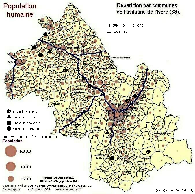 Carte de rpartition par communes en Isre d'une espce d'animal: BUSARD SP (Circus sp) selon Population humaine