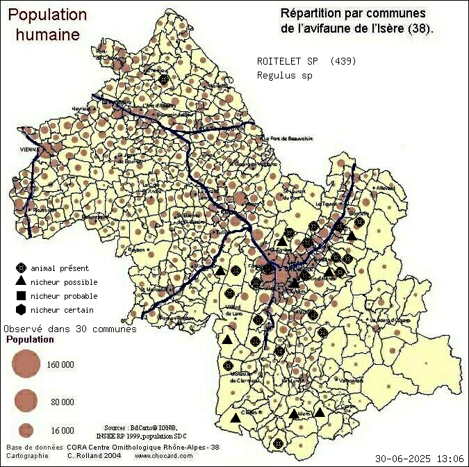 Carte de rpartition par communes en Isre d'une espce d'animal: ROITELET SP (Regulus sp) selon Population humaine