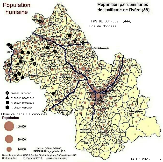 Carte de rpartition par communes en Isre d'une espce d'animal: _PAS DE DONNEES (Pas de donnes) selon Population humaine