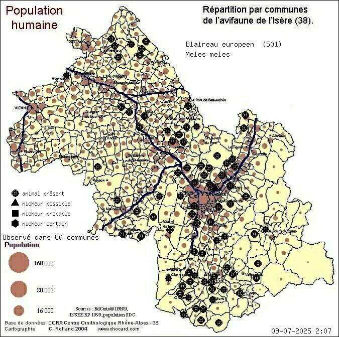 Carte de rpartition par communes en Isre d'une espce d'animal: Blaireau europen (Meles meles) selon Population humaine