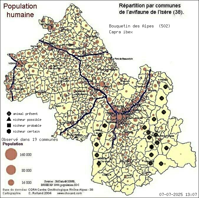 Carte de rpartition par communes en Isre d'une espce d'animal: Bouquetin des Alpes (Capra ibex) selon Population humaine