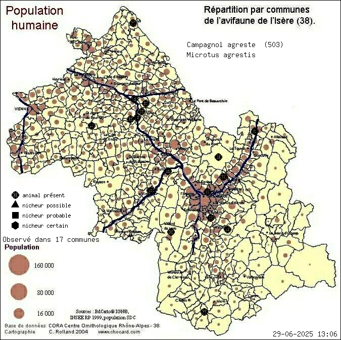 Carte de rpartition par communes en Isre d'une espce d'animal: Campagnol agreste (Microtus agrestis) selon Population humaine