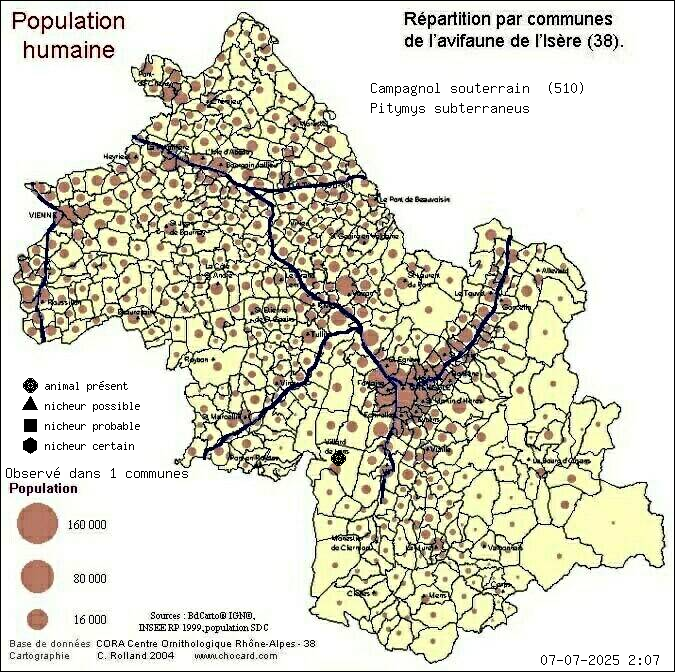 Carte de rpartition par communes en Isre d'une espce d'animal: Campagnol souterrain (Pitymys subterraneus) selon Population humaine