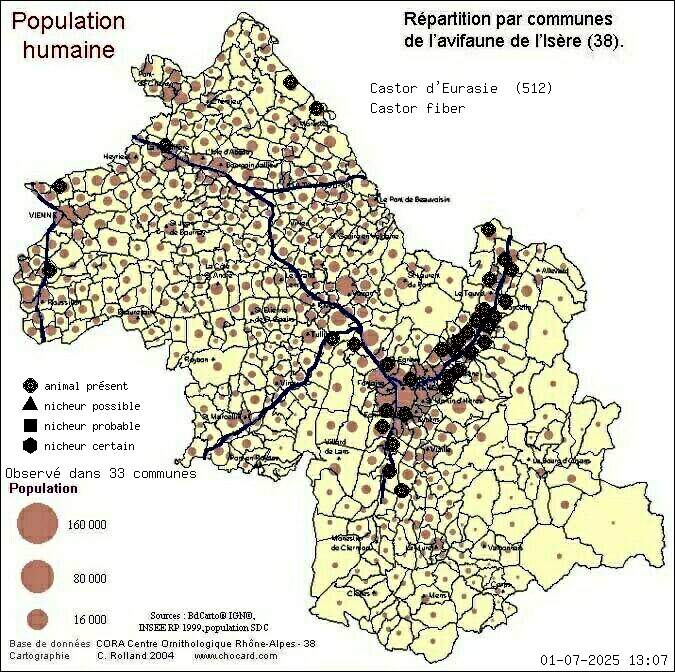 Carte de rpartition par communes en Isre d'une espce d'animal: Castor d Eurasie (Castor fiber) selon Population humaine