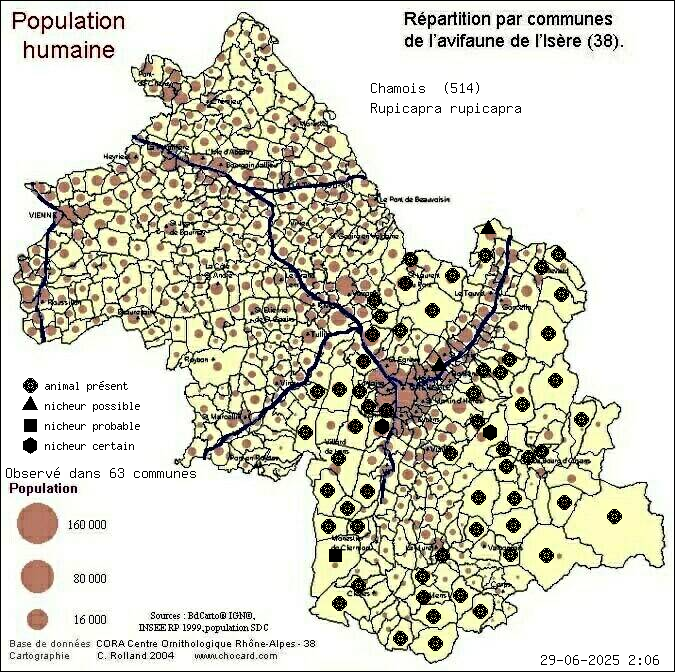 Carte de rpartition par communes en Isre d'une espce d'animal: Chamois (Rupicapra rupicapra) selon Population humaine