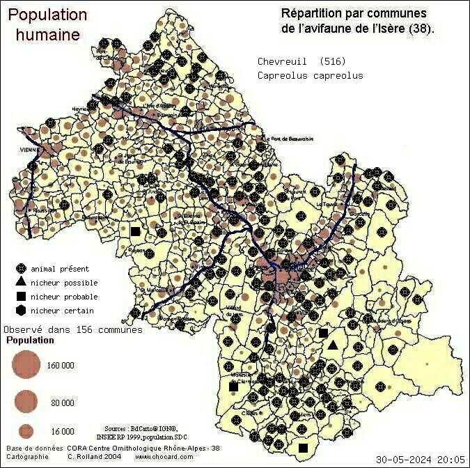 Carte de rpartition par communes en Isre d'une espce d'animal: Chevreuil (Capreolus capreolus) selon Population humaine
