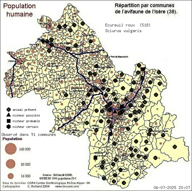 Ecureuil roux (Sciurus vulgaris): carte de rpartition en Isre