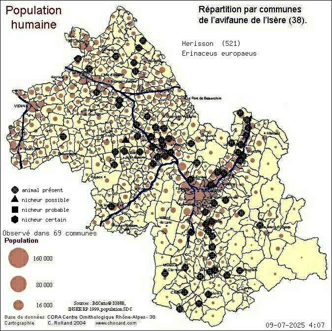 Hrisson (Erinaceus europaeus): carte de rpartition en Isre