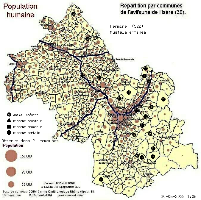 Carte de rpartition par communes en Isre d'une espce d'animal: Hermine (Mustela erminea) selon Population humaine