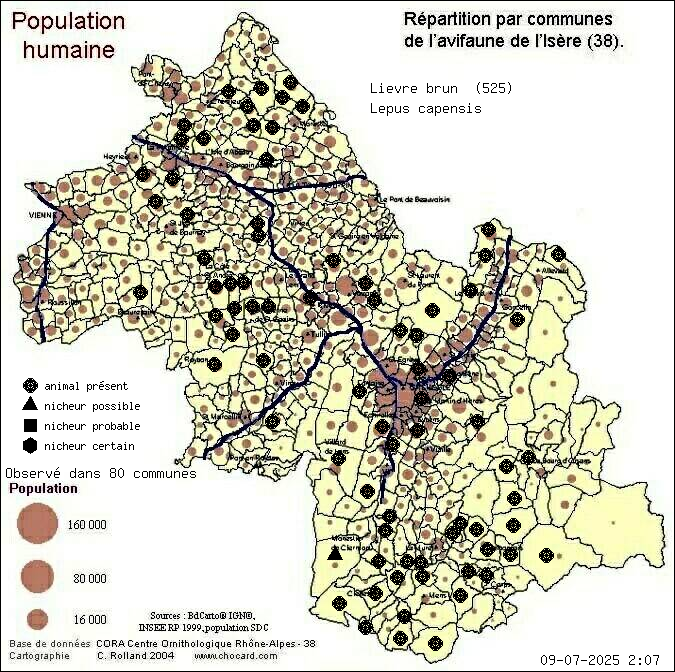 Carte de rpartition par communes en Isre d'une espce d'animal: Livre brun (Lepus capensis) selon Population humaine