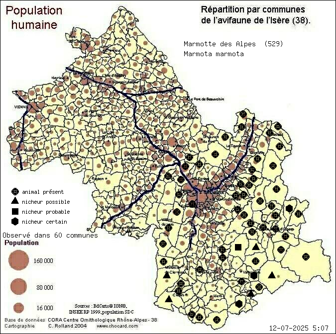 Carte de rpartition par communes en Isre d'une espce d'animal: Marmotte des Alpes (Marmota marmota) selon Population humaine