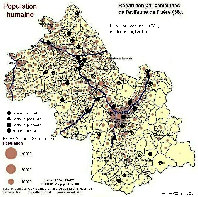 Carte de rpartition par communes en Isre d'une espce d'animal: Mulot sylvestre (Apodemus sylvaticus) selon Population humaine