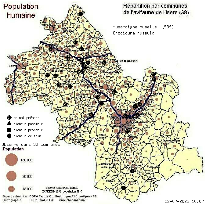 Musaraigne musette (Crocidura russula): carte de rpartition en Isre