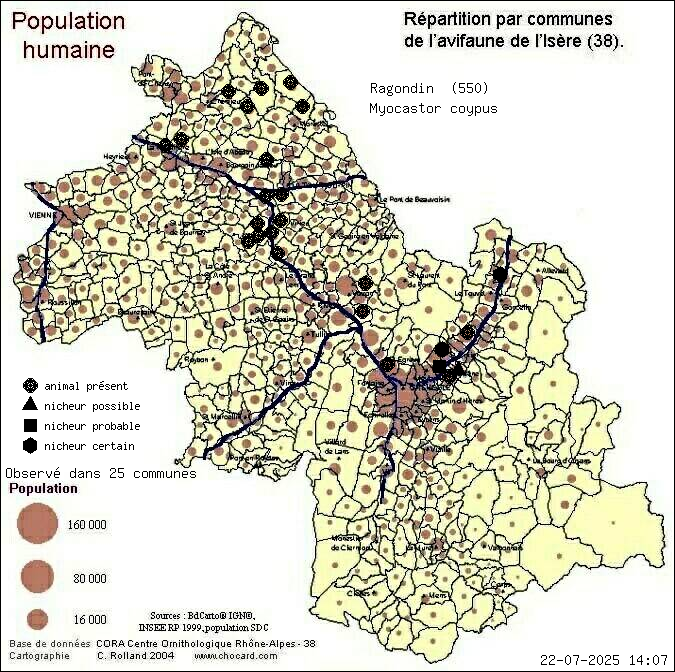 Ragondin (Myocastor coypus): carte de rpartition en Isre