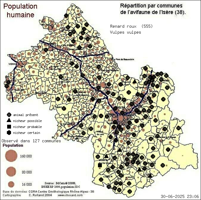 Carte de rpartition par communes en Isre d'une espce d'animal: Renard roux (Vulpes vulpes) selon Population humaine