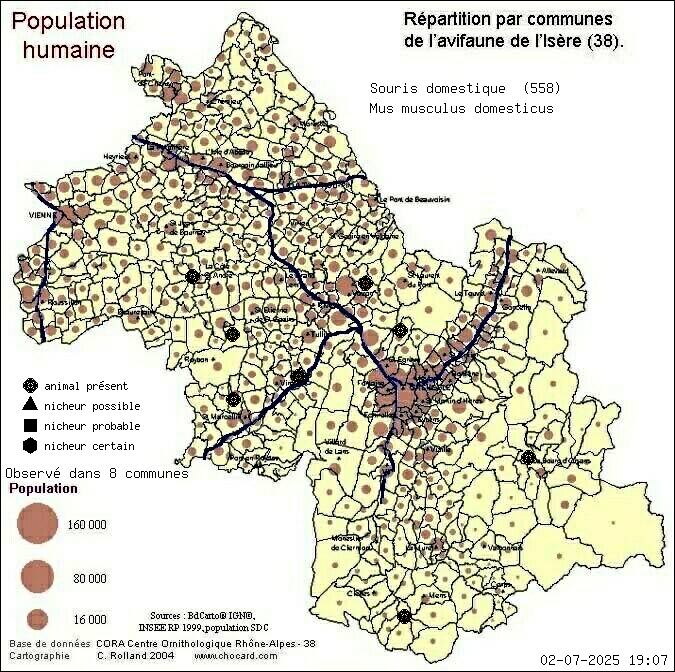 Carte de rpartition par communes en Isre d'une espce d'animal: Souris domestique (Mus musculus domesticus) selon Population humaine