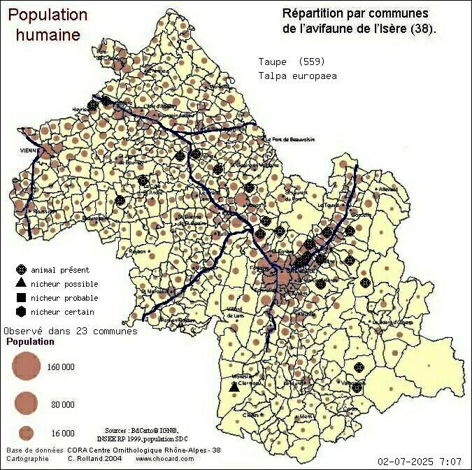 Carte de rpartition par communes en Isre d'une espce d'animal: Taupe (Talpa europaea) selon Population humaine