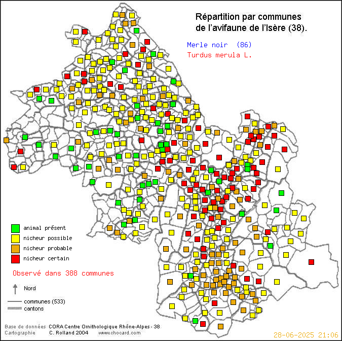 Carte de rpartition par communes en Isre d'une espce d'oiseau: Merle noir (Turdus merula L.) selon Communes et cantons